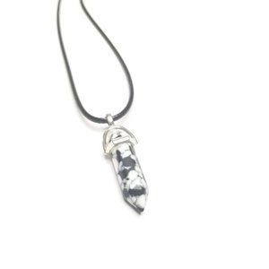 Black & White Marble Hexagonal Stone Pendant on Black Chord Necklace